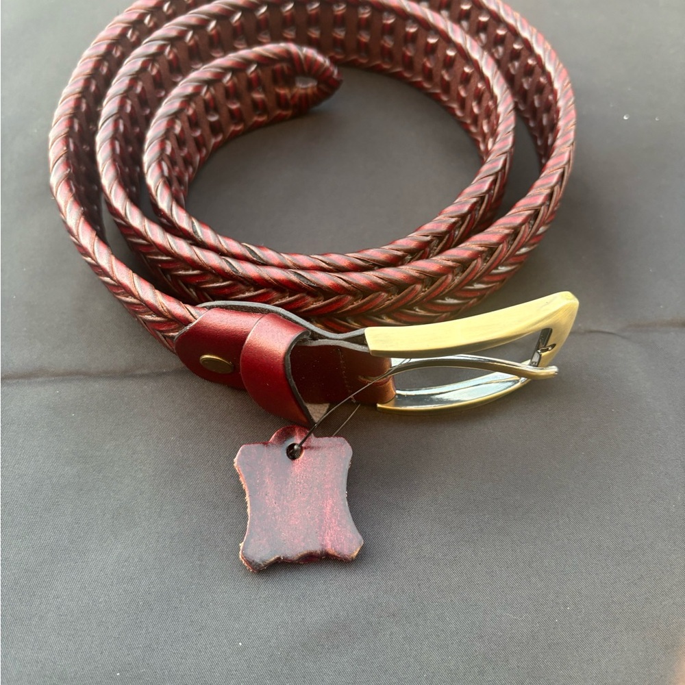 Braided Reddish Brown Leather Belt with Gold Buckle (32”-34”waist)